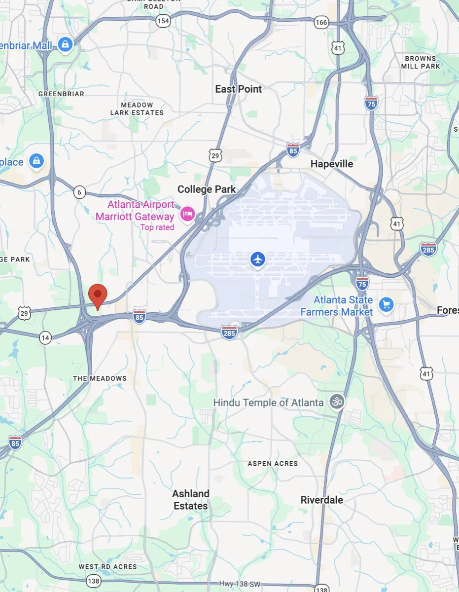 Map showing ATL Pet Stop near Hartsfield-Jackson Airport