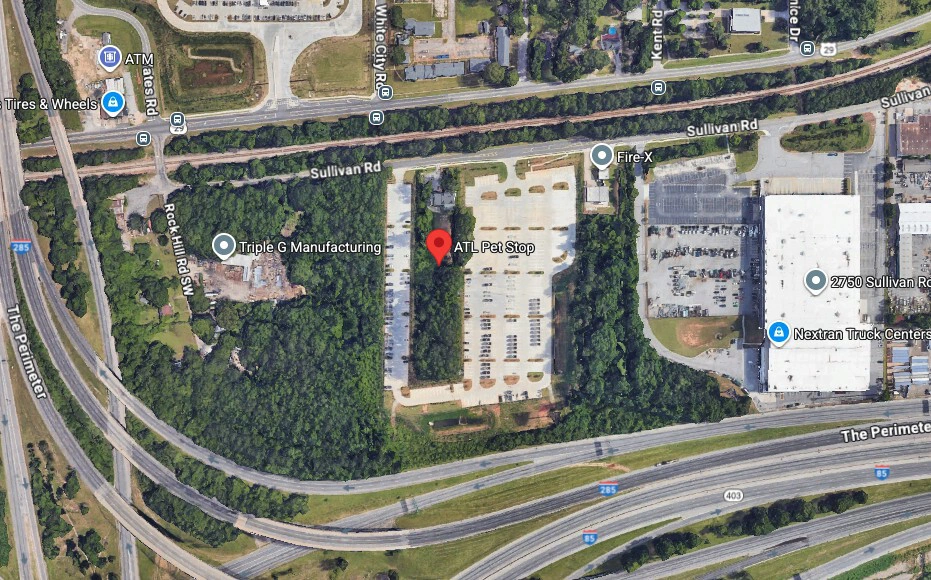 Map showing the location of ATL Pet Stop pet boarding facility in Atlanta, Georgia