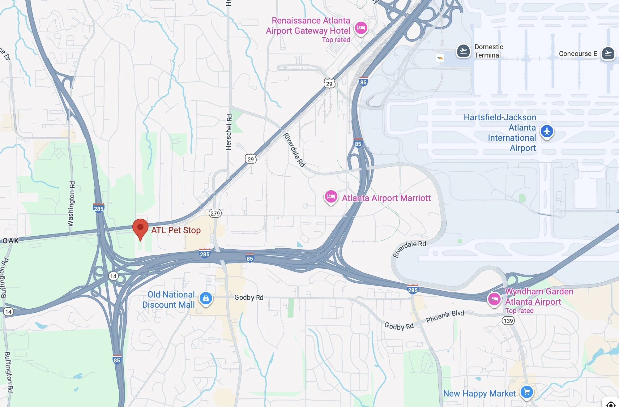 Map showing ATL Pet Stop pet boarding facility location close to Hartsfield-Jackson Atlanta International Airport